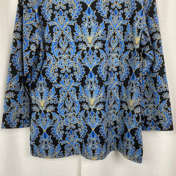 J.McLaughlin Black&Blue Leaf Print Catalina Cloth 3/4 Sleeve Blouse Sz.L - Picture 10 of 12